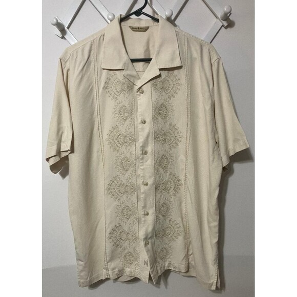 Tommy Bahama Mens Large 100% Silk Hawaiian Shirt Beige Floral Embroidered Design - Picture 1 of 10